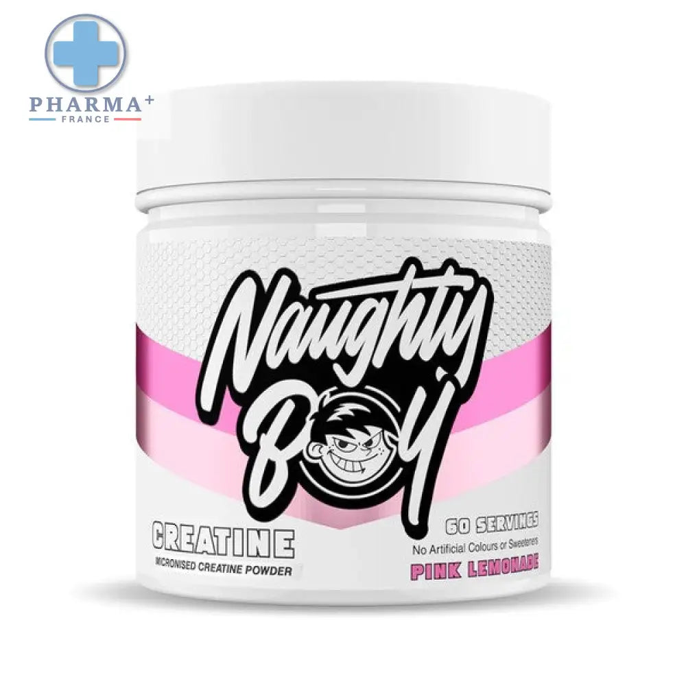 White plastic container of naughty boy créatine micronisée pink lemonade flavor 300 g for sports supplementation