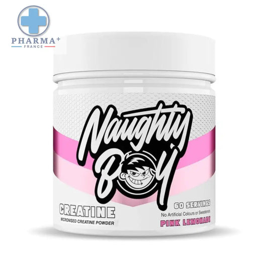 White plastic container of naughty boy créatine micronisée pink lemonade flavor 300 g for sports supplementation