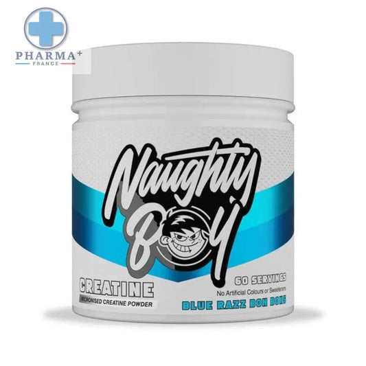 White plastic container of naughty boy créatine micronisée powder in blue razz bon bons flavor with branded label