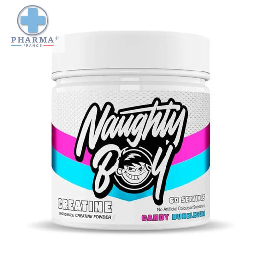 White plastic container of naughty boy créatine micronisée powder in bubblegum flavor with pink and cyan striped label