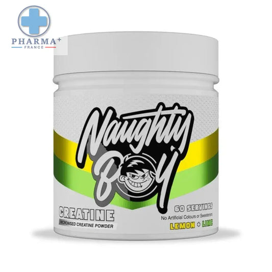 Pot blanc de naughty boy créatine micronisée saveur citron vert en poudre pour performance sportive