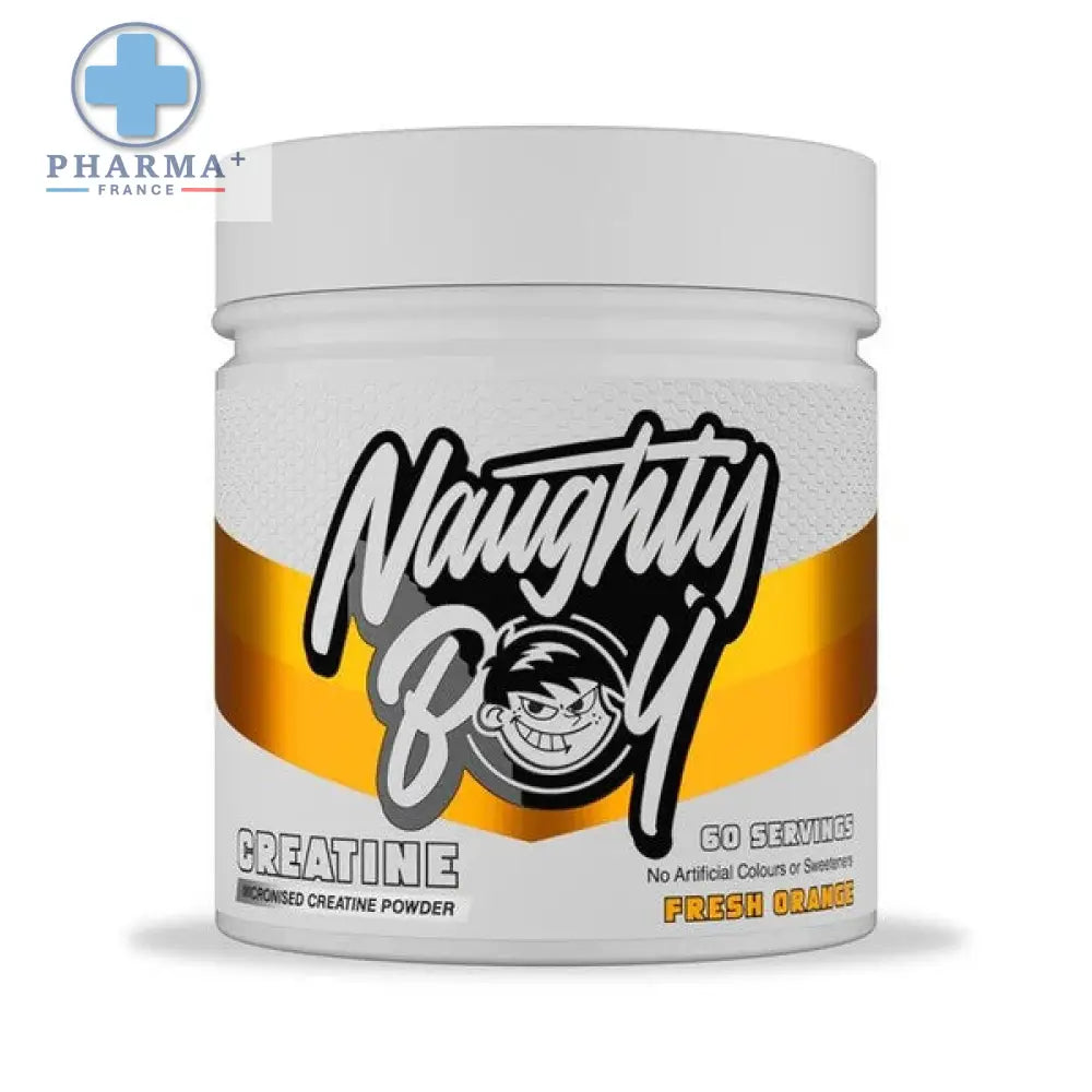 White plastic container of naughty boy créatine micronisée orange powder with bold cartoon logo for fresh flavor