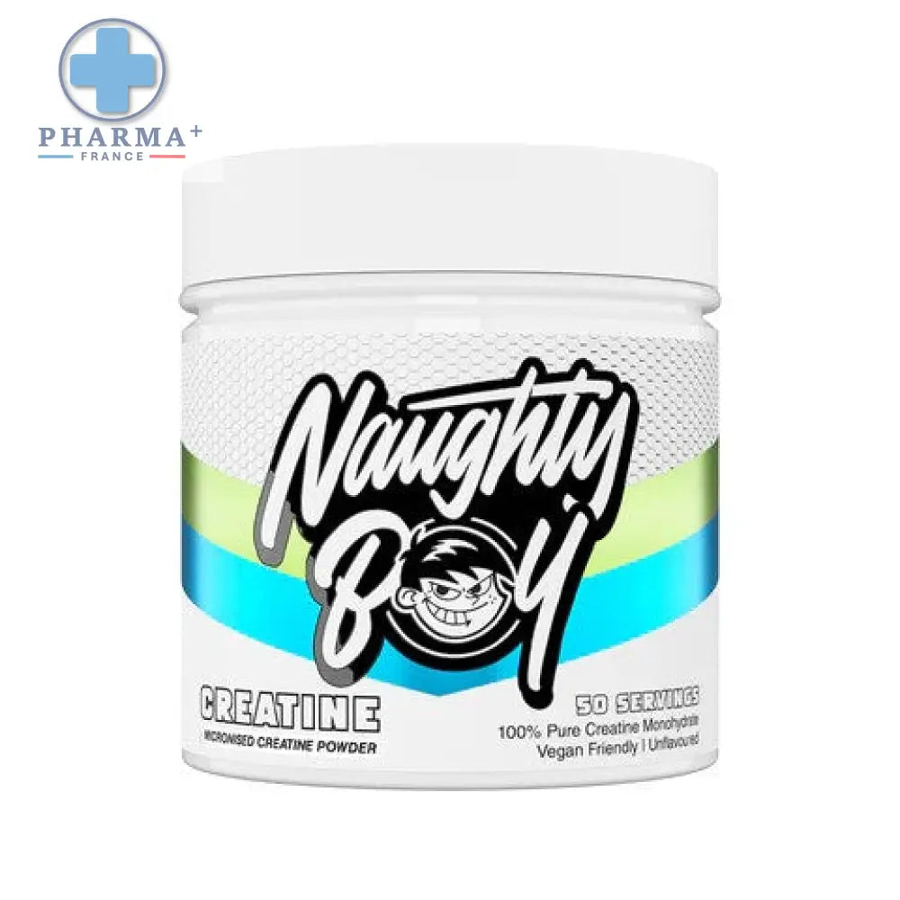 Conteneur blanc cylindrique de naughty boy créatine monohydrate en poudre 300 g avec logo cartoon et bandes colorées