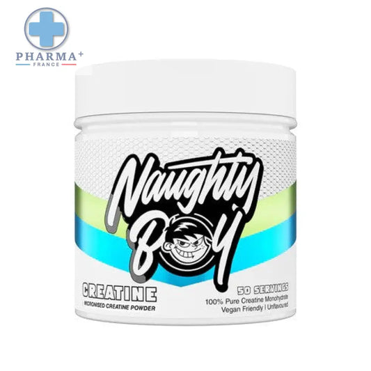 Conteneur blanc cylindrique de naughty boy créatine monohydrate en poudre 300 g avec logo cartoon et bandes colorées