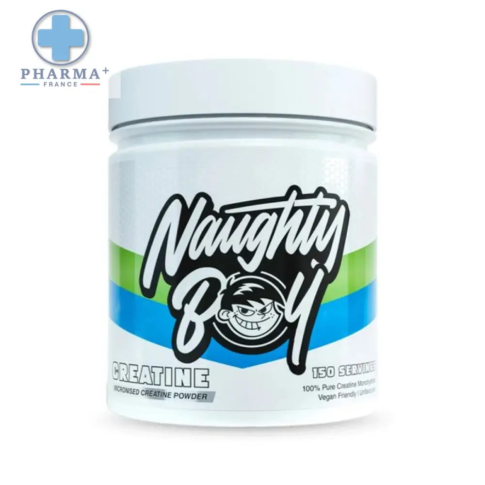 Bocal blanc en plastique de naughty boy créatine monohydrate en poudre 500 g avec logo cartoon et design rayé vert-bleu