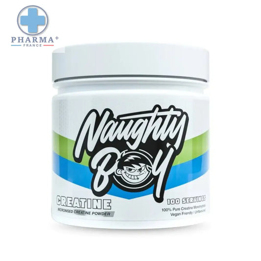 Pot de plastique blanc de naughty boy créatine monohydrate performance poudre 300 g avec logo mascotte coloré