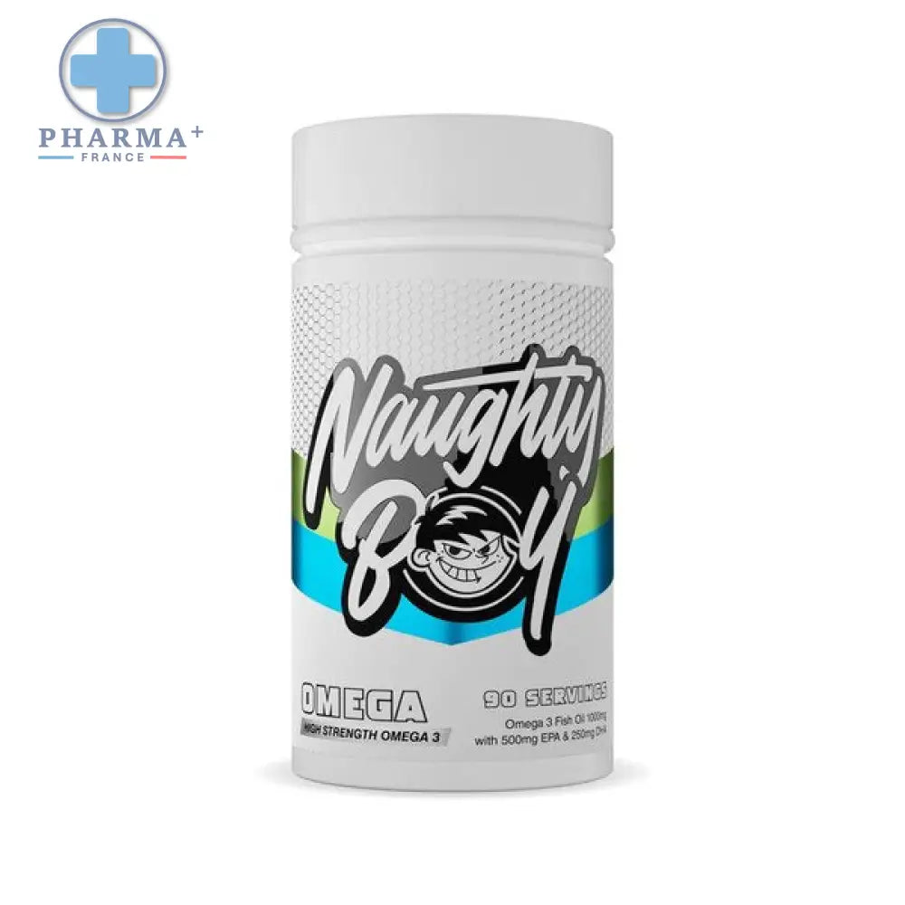 Bouteille blanche en plastique de naughty boy oméga supplément oméga 3 haute concentration avec logo cartoon noir et bleu
