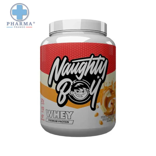 Naughty boy poudre de protéine whey chocolat salted peanut 900 g en pot blanc avec étiquette rouge et orange et mascotte cartoon