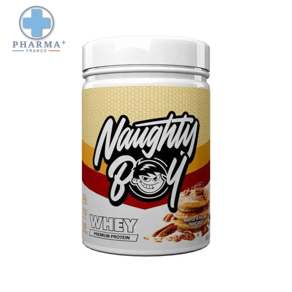 Naughty boy protéine whey advanced saveur pecan pancakes 2kg en pot blanc avec étiquette jaune et rouge
