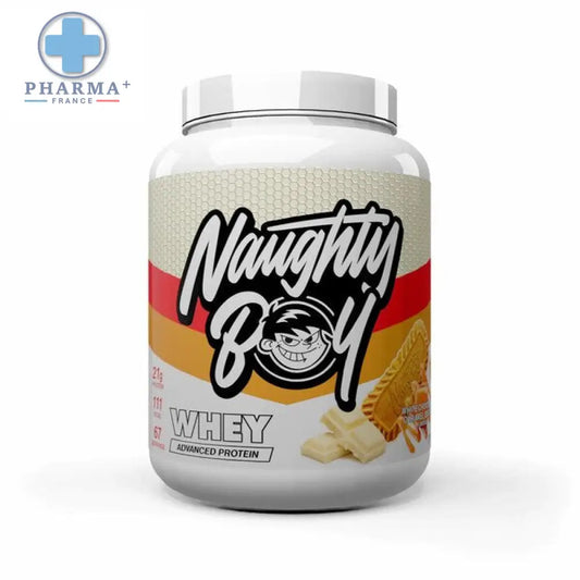 Naughty boy protéine whey chocolat caramel biscuit 900 g en pot blanc avec rayures rouges et orange et illustration garçon cartoon