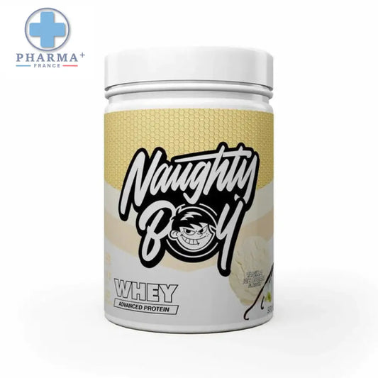 Pot de 2 kg de protéine whey naughty boy en plastique blanc avec étiquette crème et or saveur vanilla ice cream