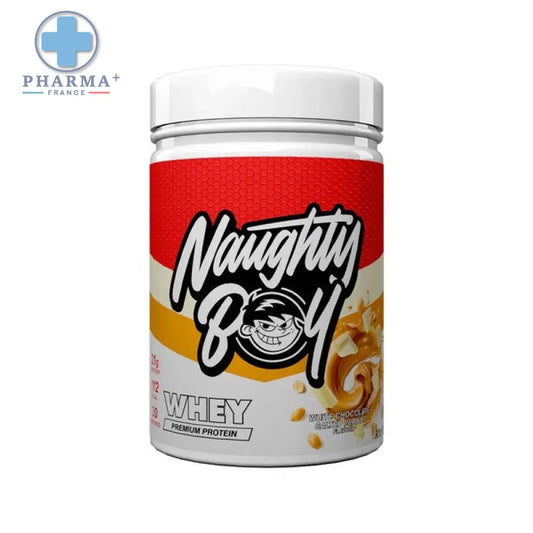 Naughty boy protéine whey white chocolate salted caramel 900 g avec étiquette rouge et jaune pour saveur chocolat salted