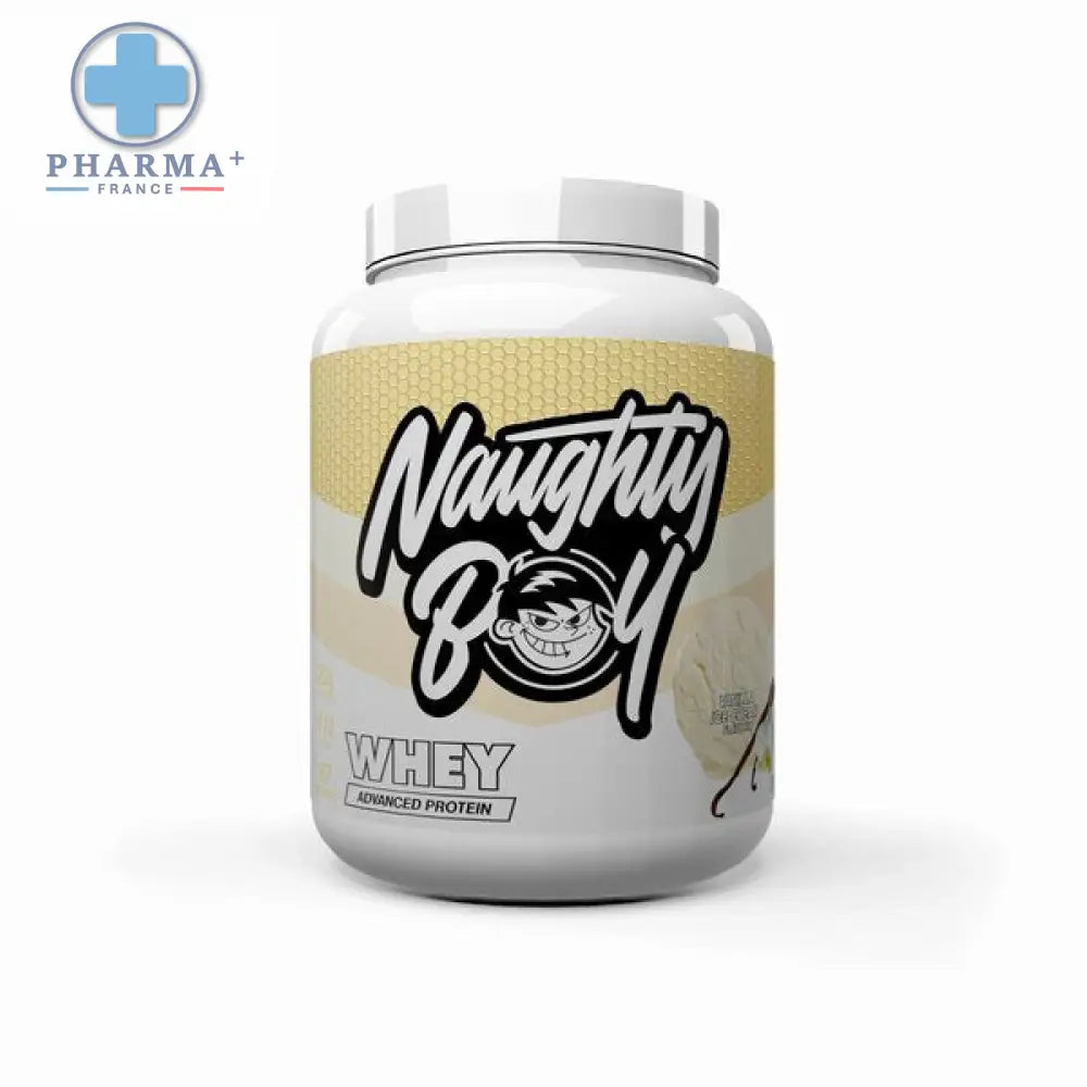 Conteneur blanc en plastique avec étiquette or et noir de naughty boy whey protéine avancée saveur vanilla ice cream 2kg