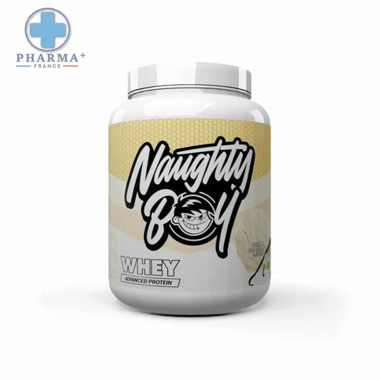 Conteneur blanc en plastique avec étiquette or et noir de naughty boy whey protéine avancée saveur vanilla ice cream 2kg
