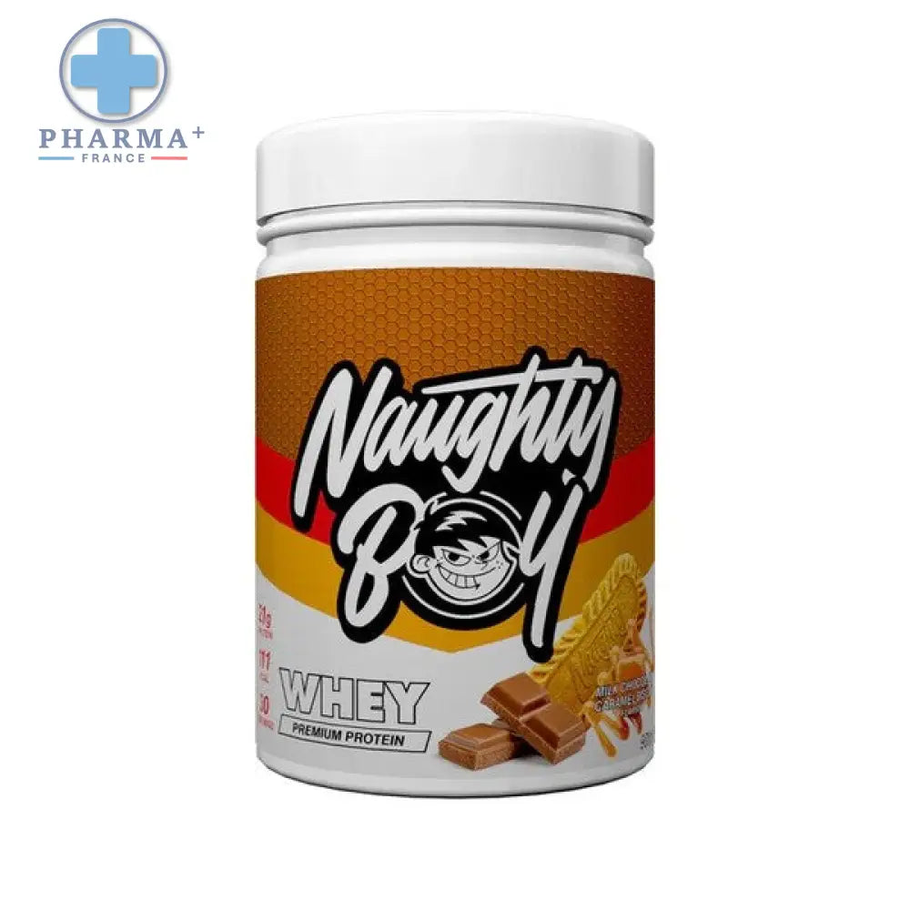 Naughty boy protéine whey en poudre 900 g avec label orange rouge saveur chocolate caramel biscuit