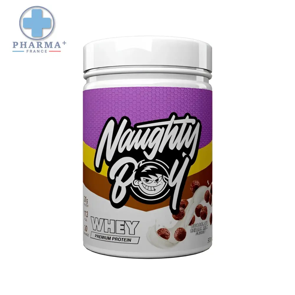 Conteneur violet et blanc de naughty boy whey protéine saveur chocolate cereal milk avec logo mascotte cartoon 900 g