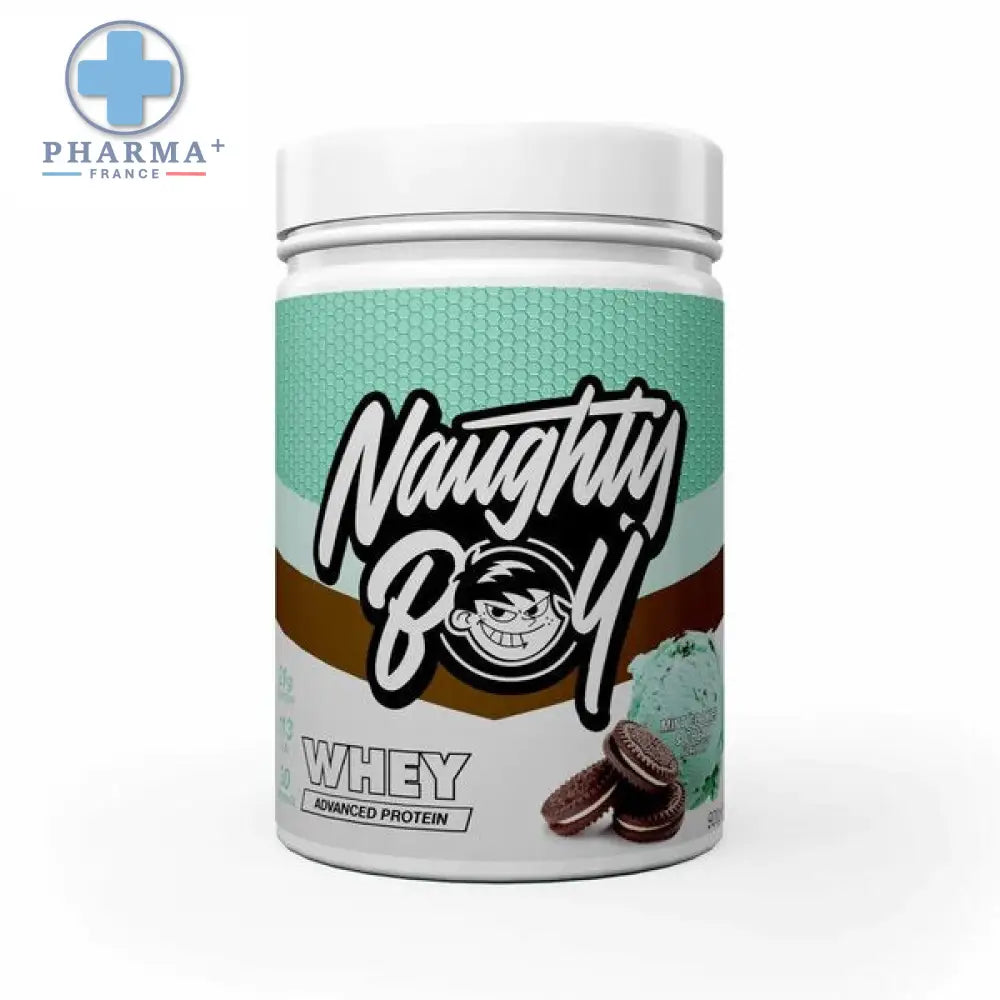 Contenant blanc cylindrique de naughty boy whey protéine saveur mint cookies chocolat noir avec mascotte et illustrations de biscuits