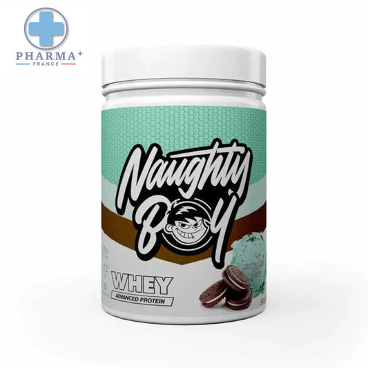 Contenant blanc cylindrique de naughty boy whey protéine saveur mint cookies chocolat noir avec mascotte et illustrations de biscuits