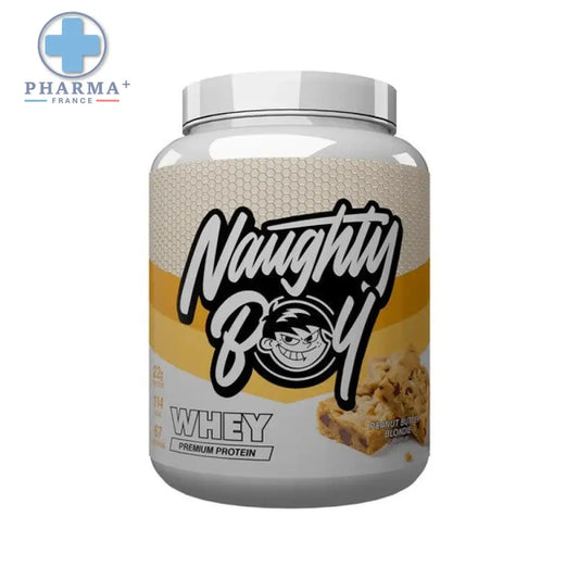 Naughty boy whey protéine peanut butter blondie 900 g en pot blanc avec étiquette jaune beige butter blondie