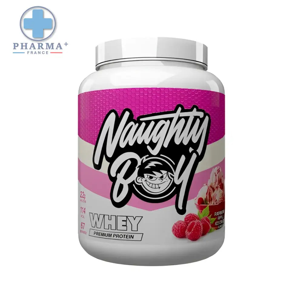 Conteneur rose et blanc de poudre de protéine whey naughty boy saveur raspberry ripple ice cream 900 g