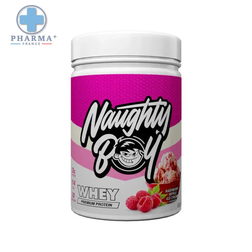Conteneur rose et blanc de protéine de whey naughty boy saveur raspberry ripple ice cream 900 g pour musculation