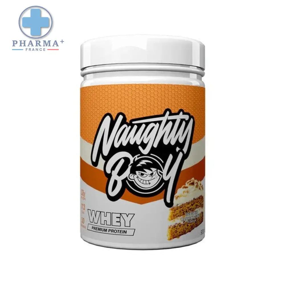 Pot de protéine whey naughty boy blanc et orange saveur frosted carrot cake 900 g avec logo cartoon
