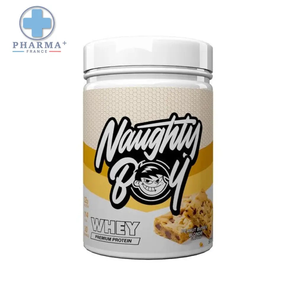 Naughty boy whey protéine saveur peanut butter blondie 900 g en pot blanc avec étiquette jaune et beige illustration beurre blondie