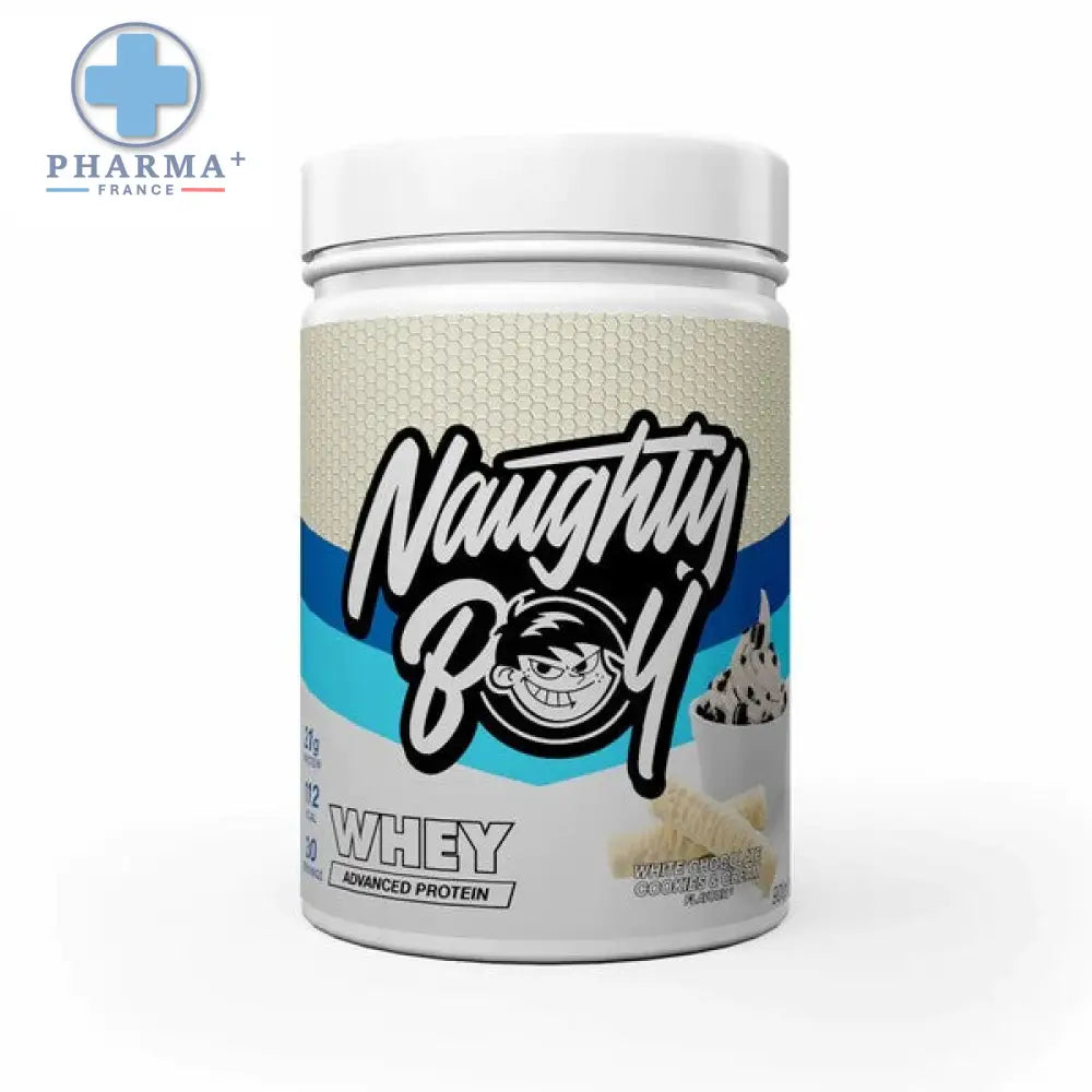 Conteneur blanc cylindrique de naughty boy whey protéine saveur white chocolate cookies avec logo personnage et bande bleue