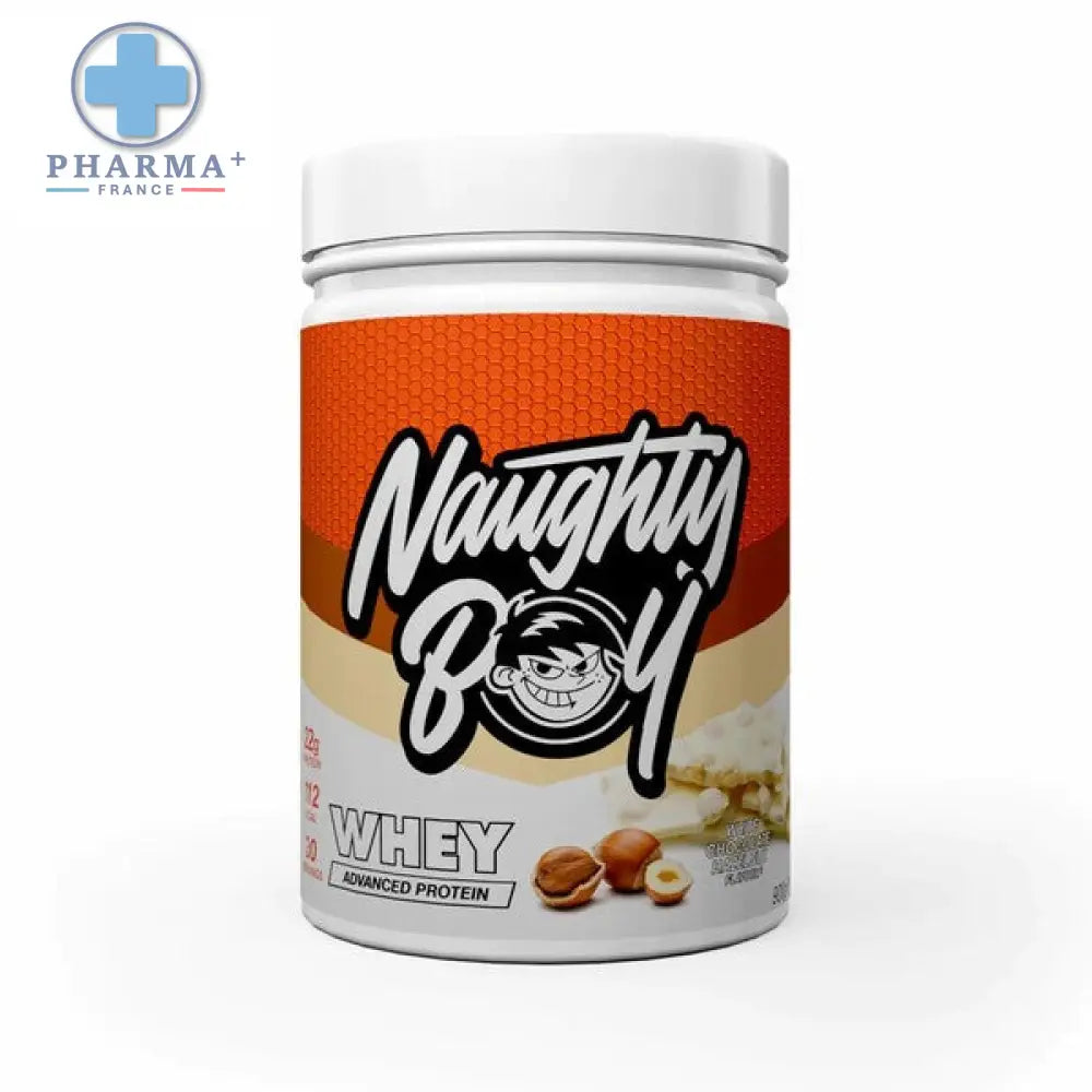 Naughty boy whey protéine white chocolate hazelnut 900 g en pot blanc avec étiquette orange beige et logo cartoon