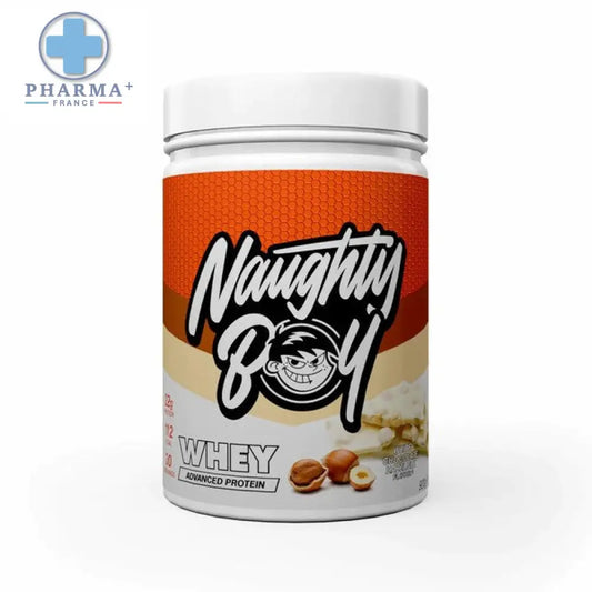 Naughty boy whey protéine white chocolate hazelnut 900 g en pot blanc avec étiquette orange beige et logo cartoon