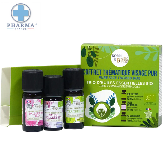 Trio born to bi huiles essentielles biologiques visage pur 3 x 10 ml bouteilles en verre foncé vert et blanc