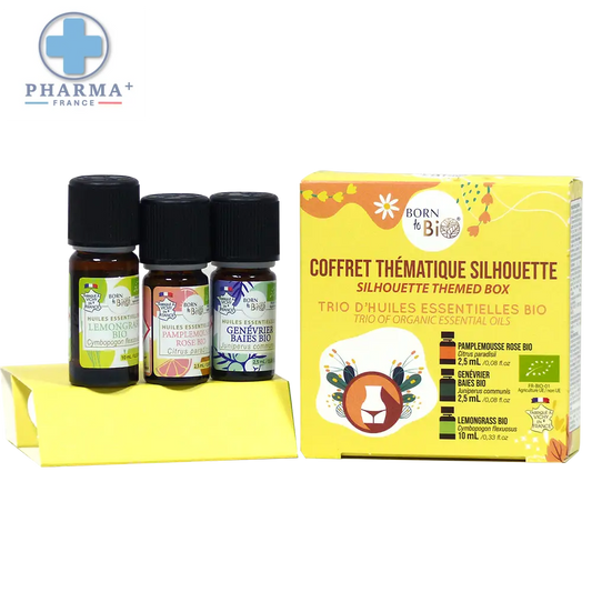 Boîte jaune silhouette born to bi contenant trois unités d huiles essentielles biologiques nÉe jaune coffret silhouette