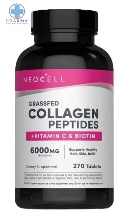 Bouteille noire de neocell grassfed collagène peptides 270 comprimés avec étiquette rose et argentée