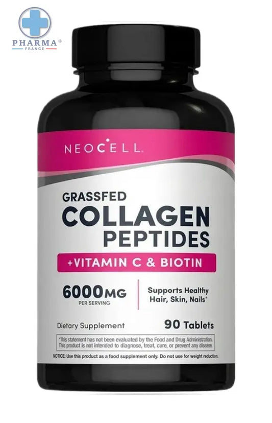 Bouteille noire de neocell grassfed collagène peptides avec étiquette rose et blanche contenant 90 comprimés