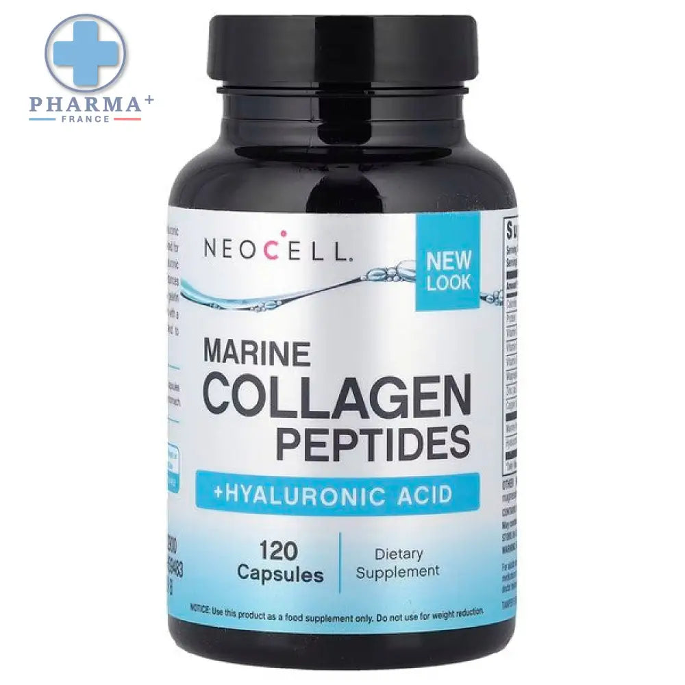 Bouteille noire en plastique de neocell marine collagène peptides avec acide hyaluronique contenant 120 gélules
