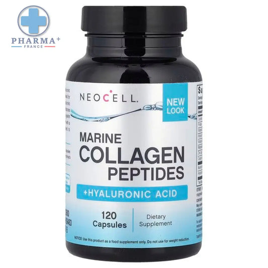 Bouteille noire en plastique de neocell marine collagène peptides avec acide hyaluronique contenant 120 gélules