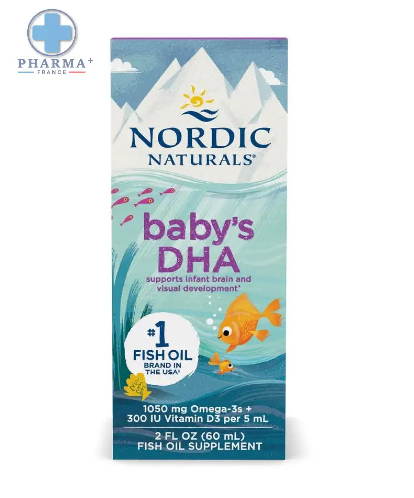 Carton bleu et blanc de nordic naturals babys dha supplément huile de poisson 60 ml avec illustrations de poissons et montagnes