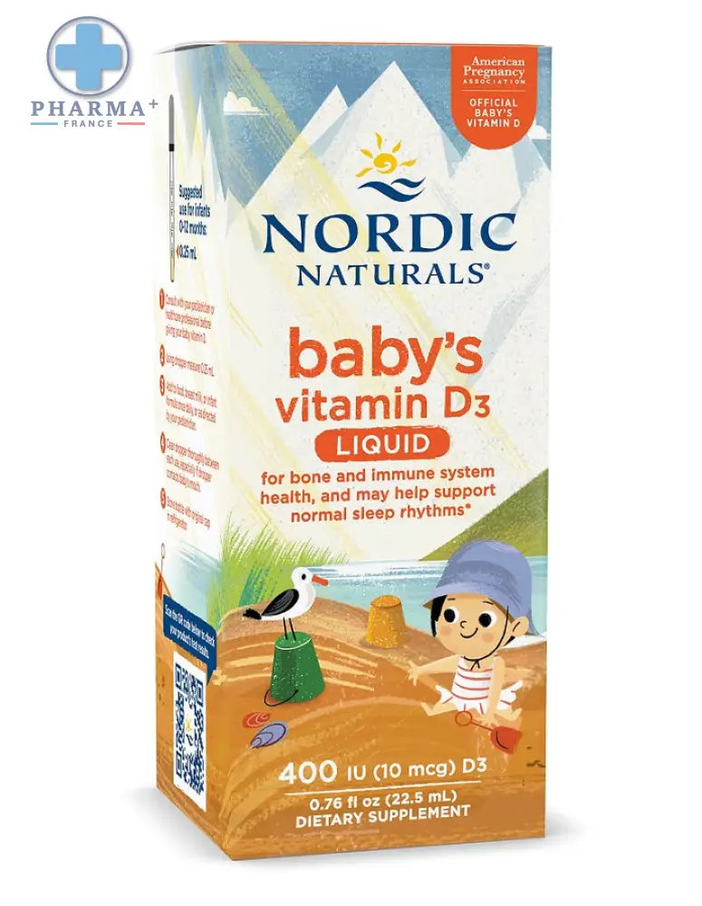 Nordic naturals baby’s vitamine d3 liquide gouttes 11 ml en carton avec illustration plage orange bleu et blanc