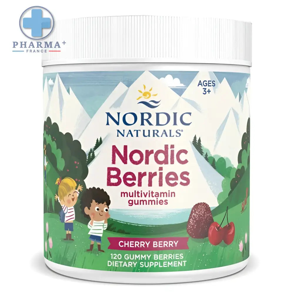 Nordic naturals nordic berries gomme multivitaminée 120 unités dans un flacon blanc avec étiquette colorée enfants et montagne