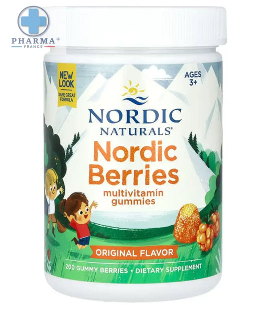 White plastic container of nordic naturals nordic berries multivitamins original saveur with colorful label and berries