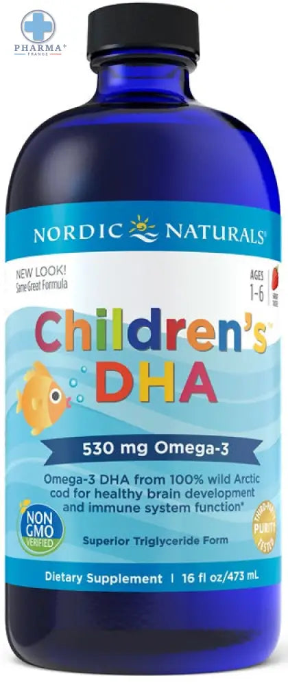 Bouteille en verre bleue avec bouchon noir nordic naturals enfants dha complément oméga 3 enfant