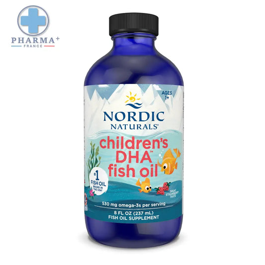 Nordic naturals children’s dha huile de poisson pour enfants en flacon en verre bleu avec étiquette colorée cartoon fish