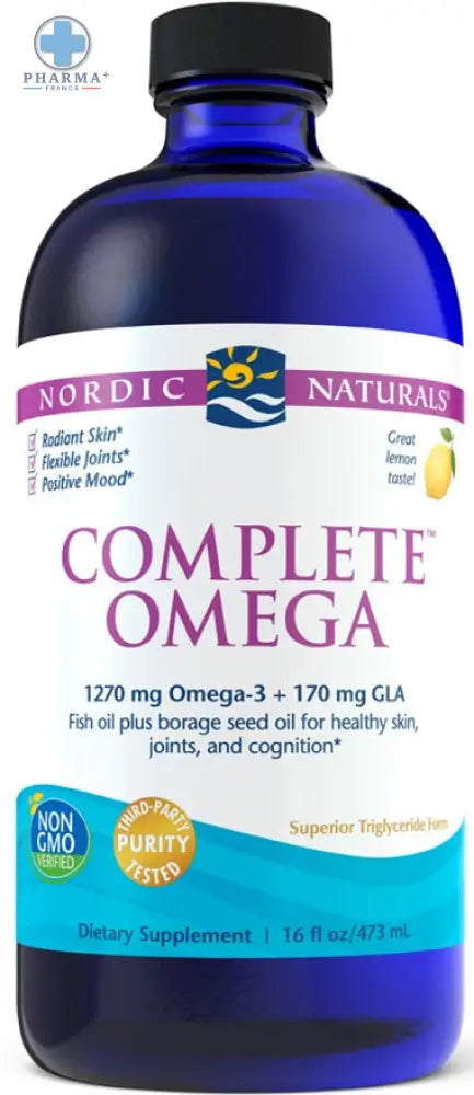 Nordic naturals complete complément oméga en bouteille en verre bleu foncé avec étiquette blanche aux accents violet teal et or
