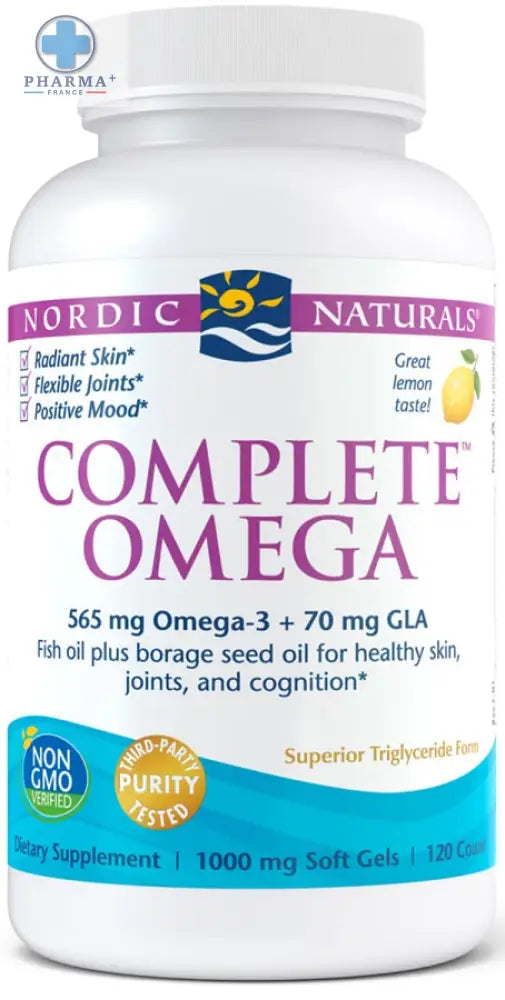 Bouteille en plastique blanc de nordic naturals complete complément oméga avec étiquette violette et bleue