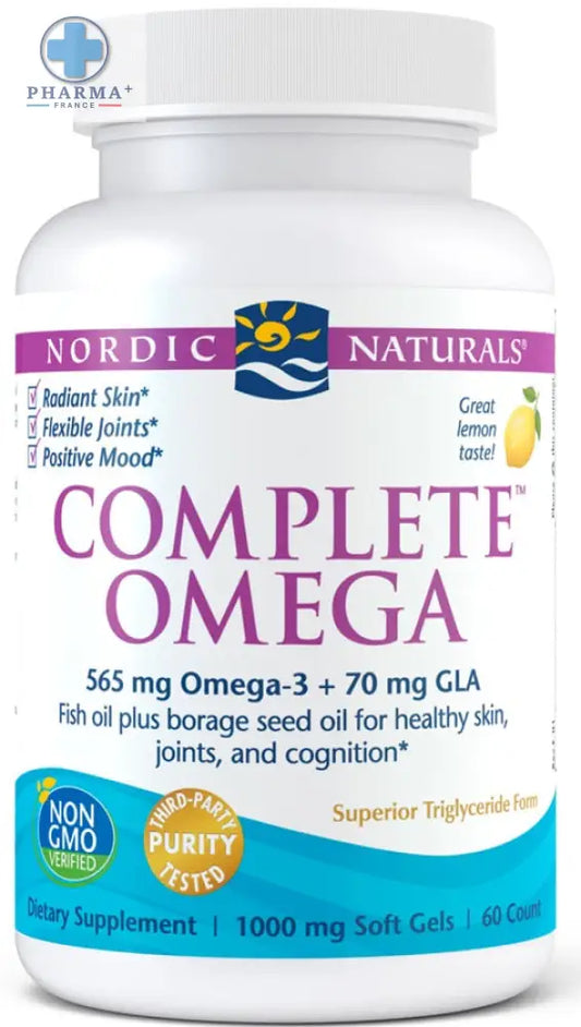 Bouteille blanche en plastique de nordic naturals complete oméga complément alimentaire 60 capsules avec étiquette violette et bleue