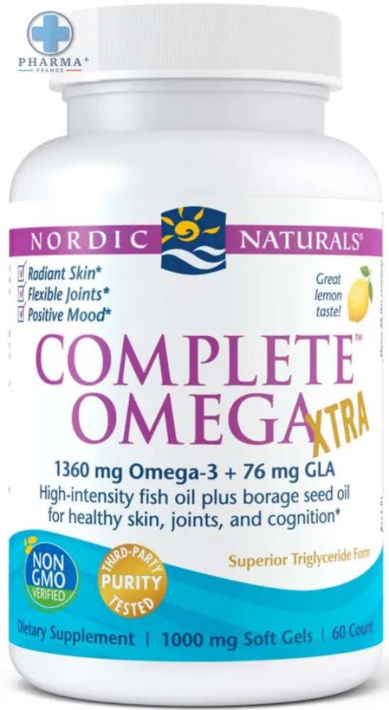 Bouteille en plastique blanc nordic naturals complete omega complément alimentaire avec étiquette colorée et bouchon blanc