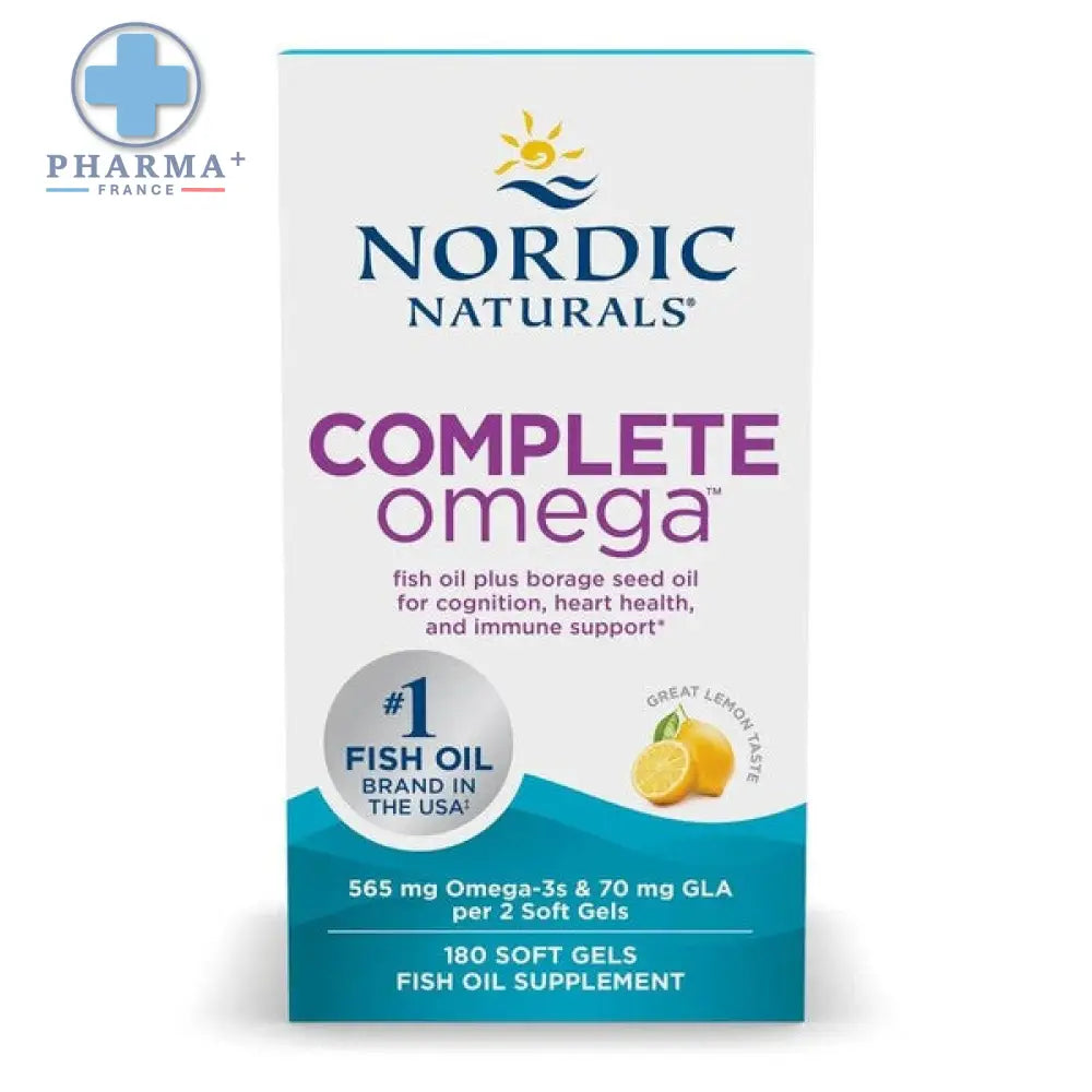 Boîte de compléments huile de poisson nordic naturals complete omega avec emballage blanc et teal et texte violet