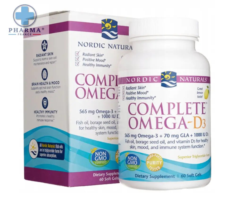 Bouteille blanche de nordic naturals complete oméga d3 complément alimentaire 60 capsules avec étiquette violette et bleue