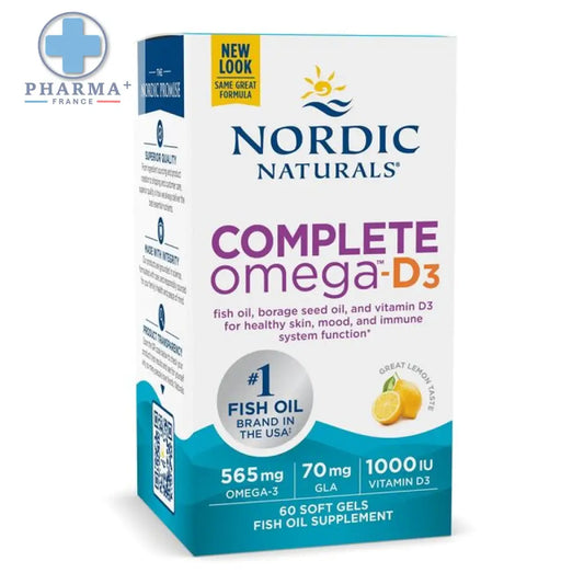 Nordic naturals complete oméga d3 huile de poisson citron 60 capsules dans une boîte blanche et turquoise