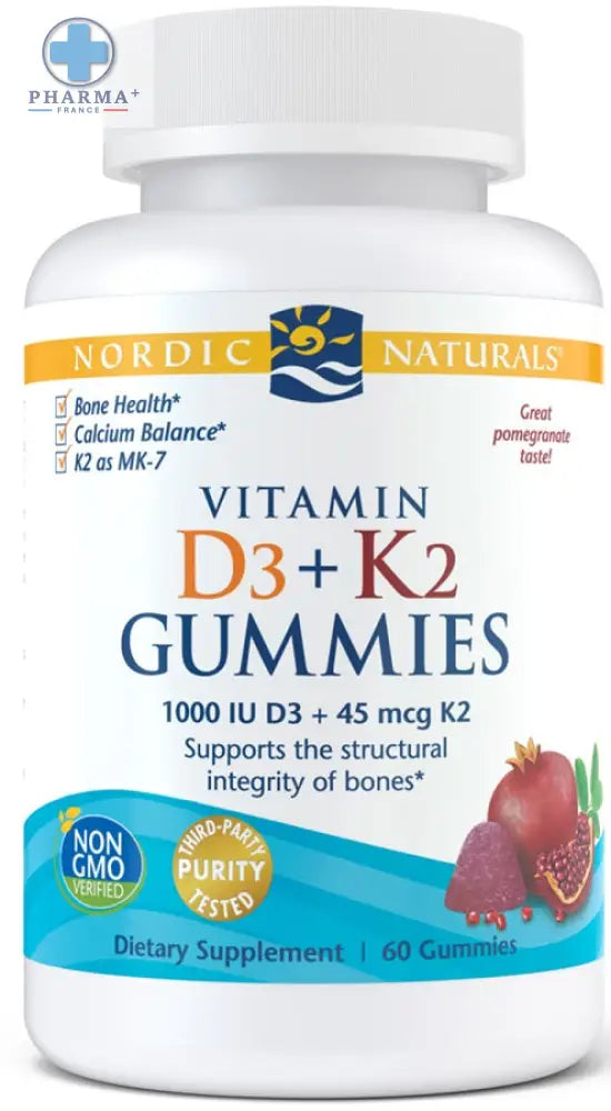 Bouteille en plastique blanc de nordic naturals gummies d3+k2 avec étiquette orange et bleue pour santé des os